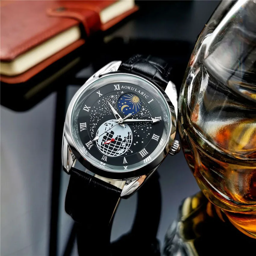 Luxury Watch Men's Fashion Brand Self-winding Mechanical Watch Sun Moon Star Leather Waterproof Clock 2022 Relogio Masculino NEW