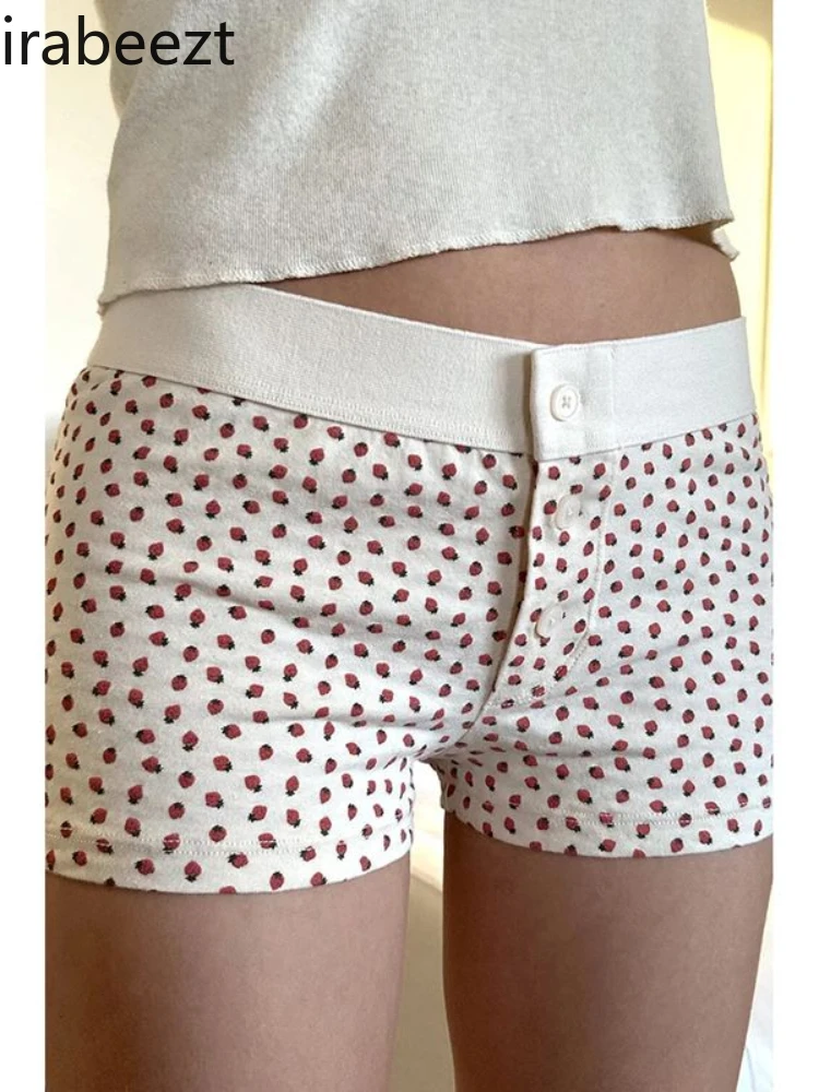 Europe and The United States Strawberry Print Knit Trousers Breasted Low Waist Slimming Stretch Base Short Shorts Women