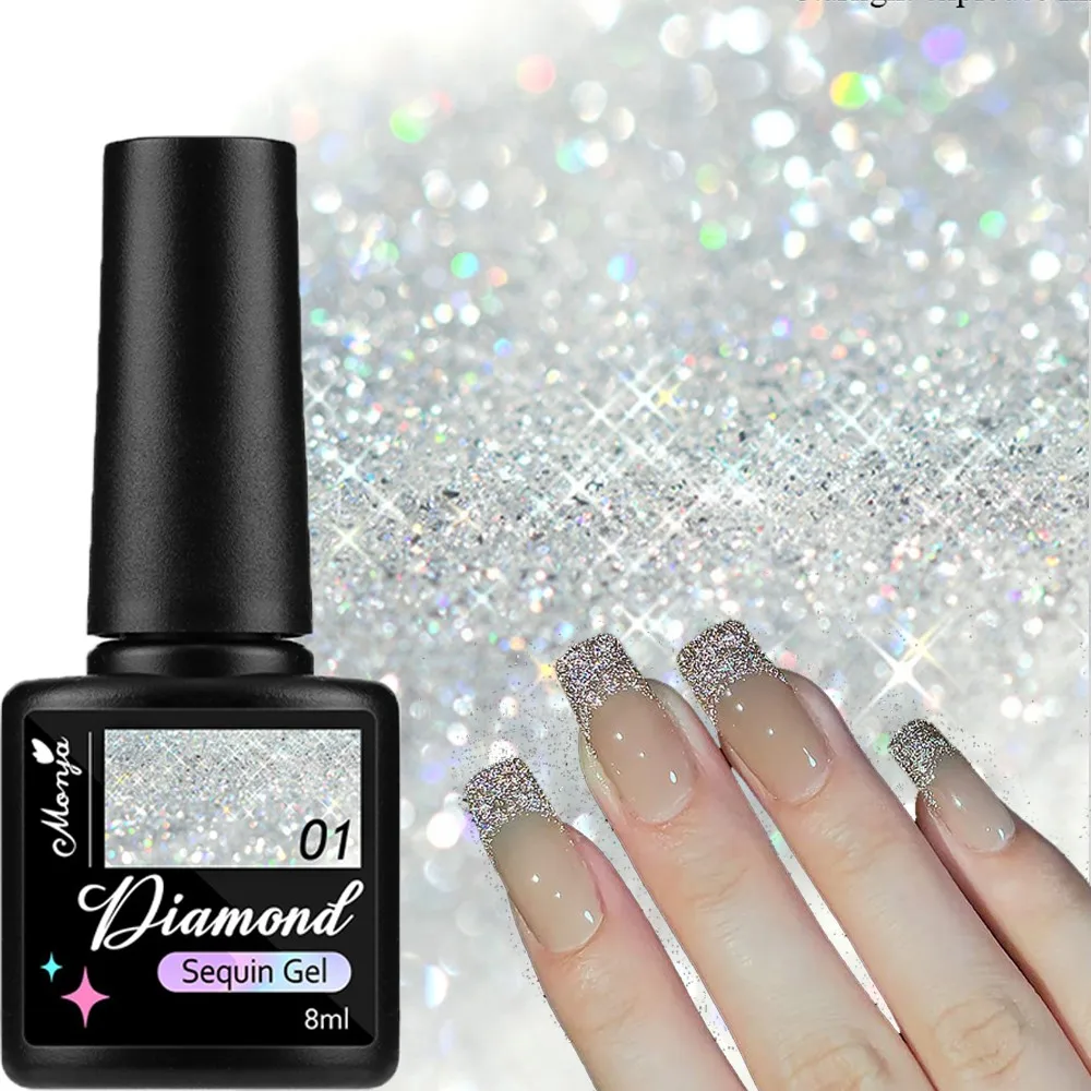 8ml Reflective Glitter Gel Nail Polish Sparkly Diamond Laser Silver Sequins Varnish Gel Semi-permanent Soak Off UV Nail Art Gel