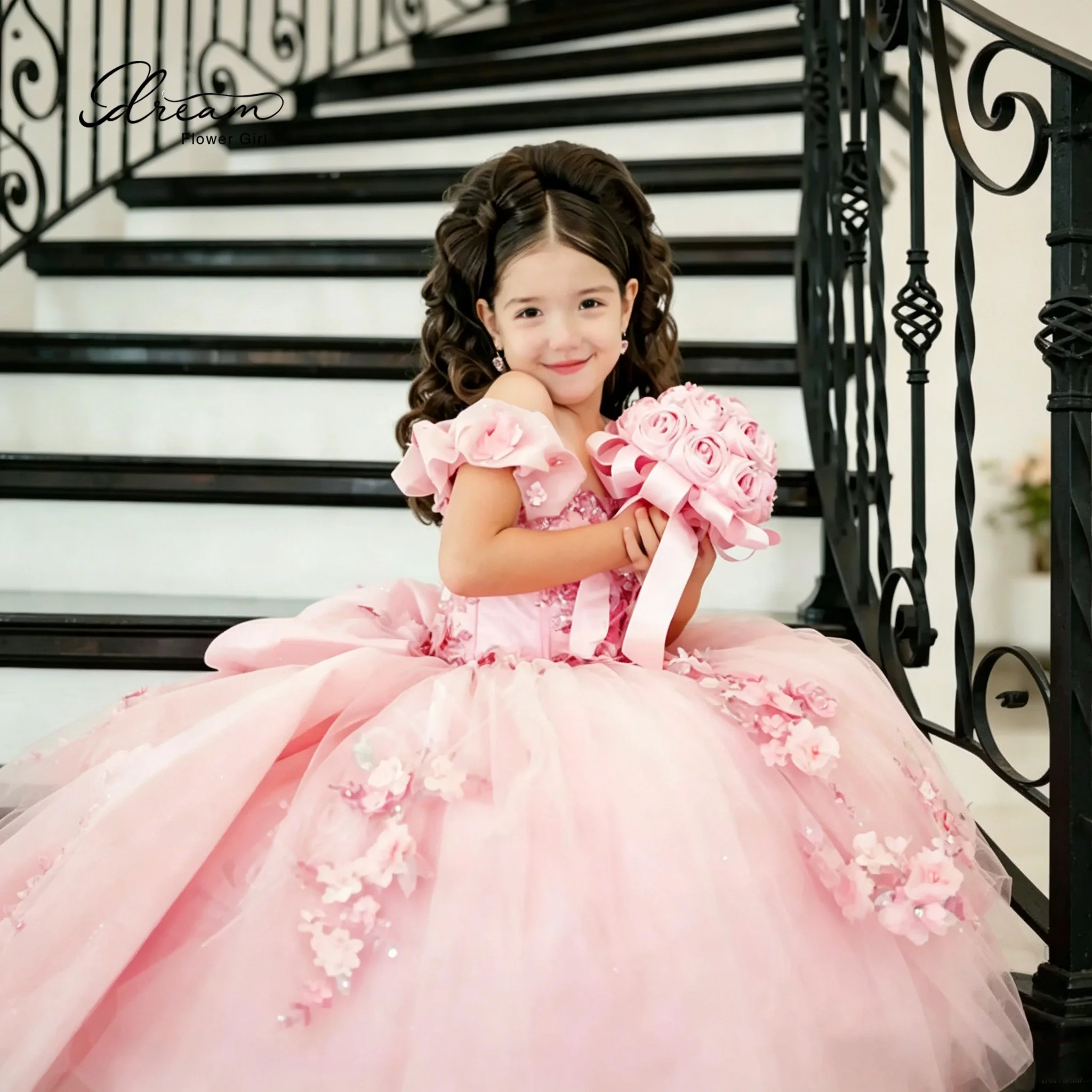 

Pink off-the-shoulder sleeveless floor-length formal ball gown for girls, featuring exquisite embroidered appliqués