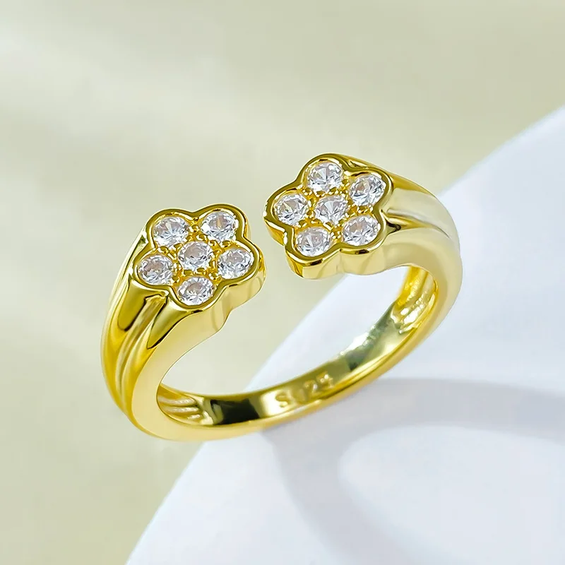 New S925 Silver Gold Plated Antique Money Style Golden Sparkling Gilded Open Ring Wedding Jewelry