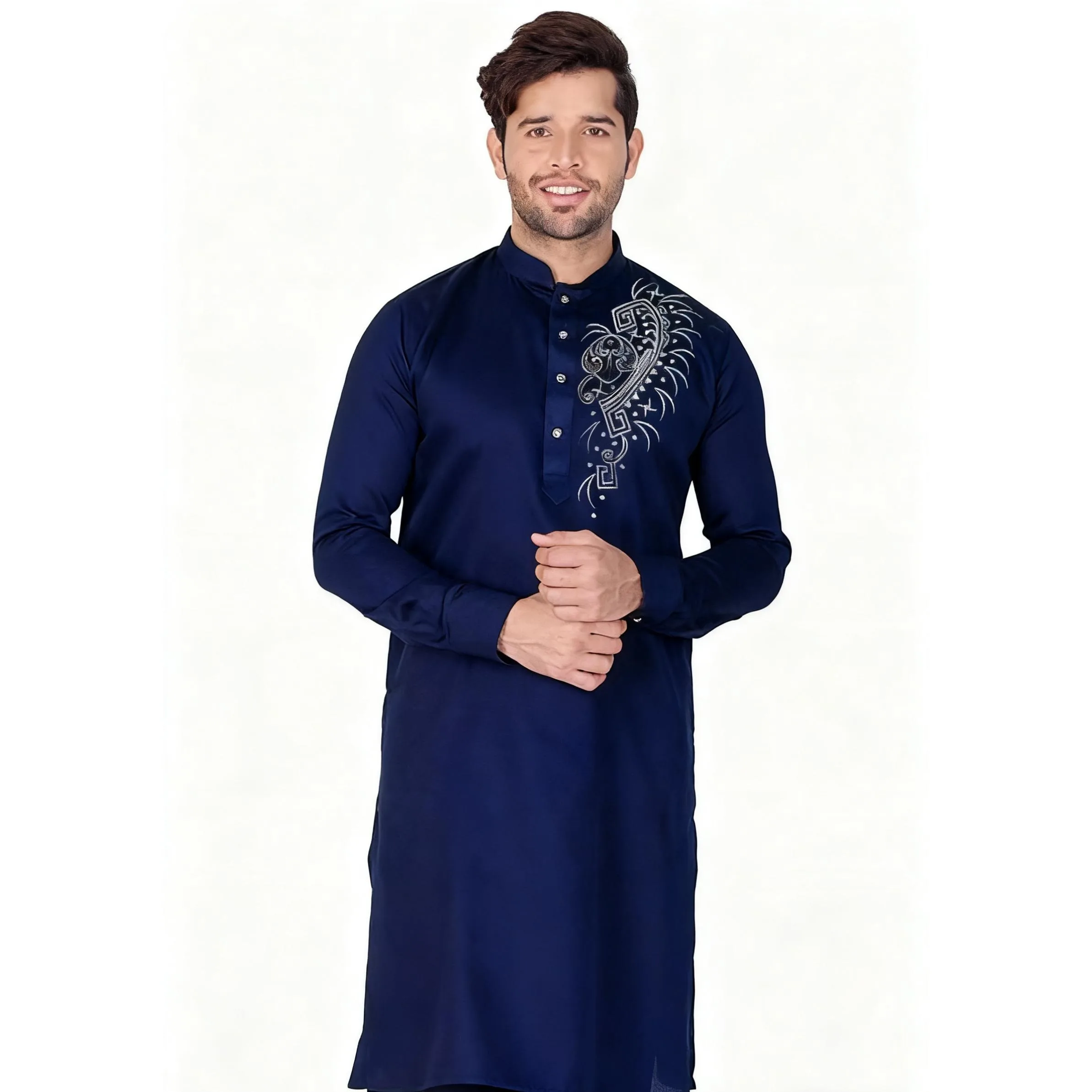 رداء رجالي من الشرق الأوسط مطبوع عليه عرقية وياقة واقفة قميص شبابي متوسط الطول معطف فاخر غير رسمي 2026 نمط وطني مسلم
