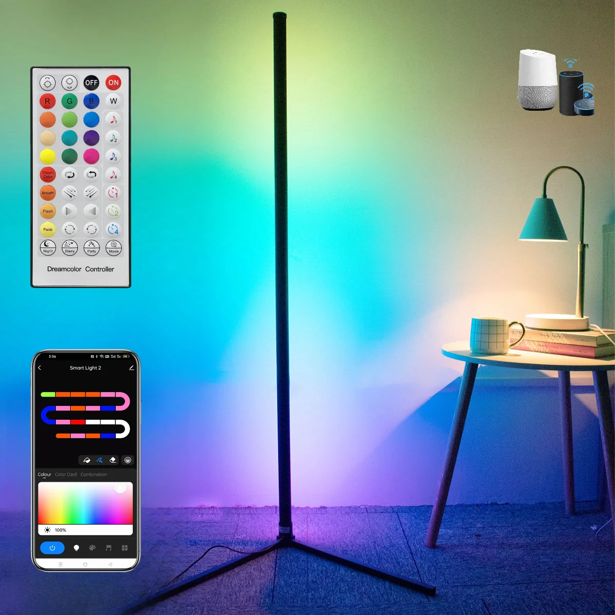 

Угловой торшер Smart Tuya Bluetooth APP 160 см с регулируемой яркостью RGB светодиодное освещение настроения для спальни, игровой комнаты, студийного декора, ночник