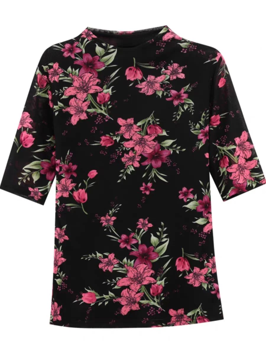 Summer Casual Slim Women\'s Floral Painting T Shirts O Neck Basic Tops Fashion Print Clothing