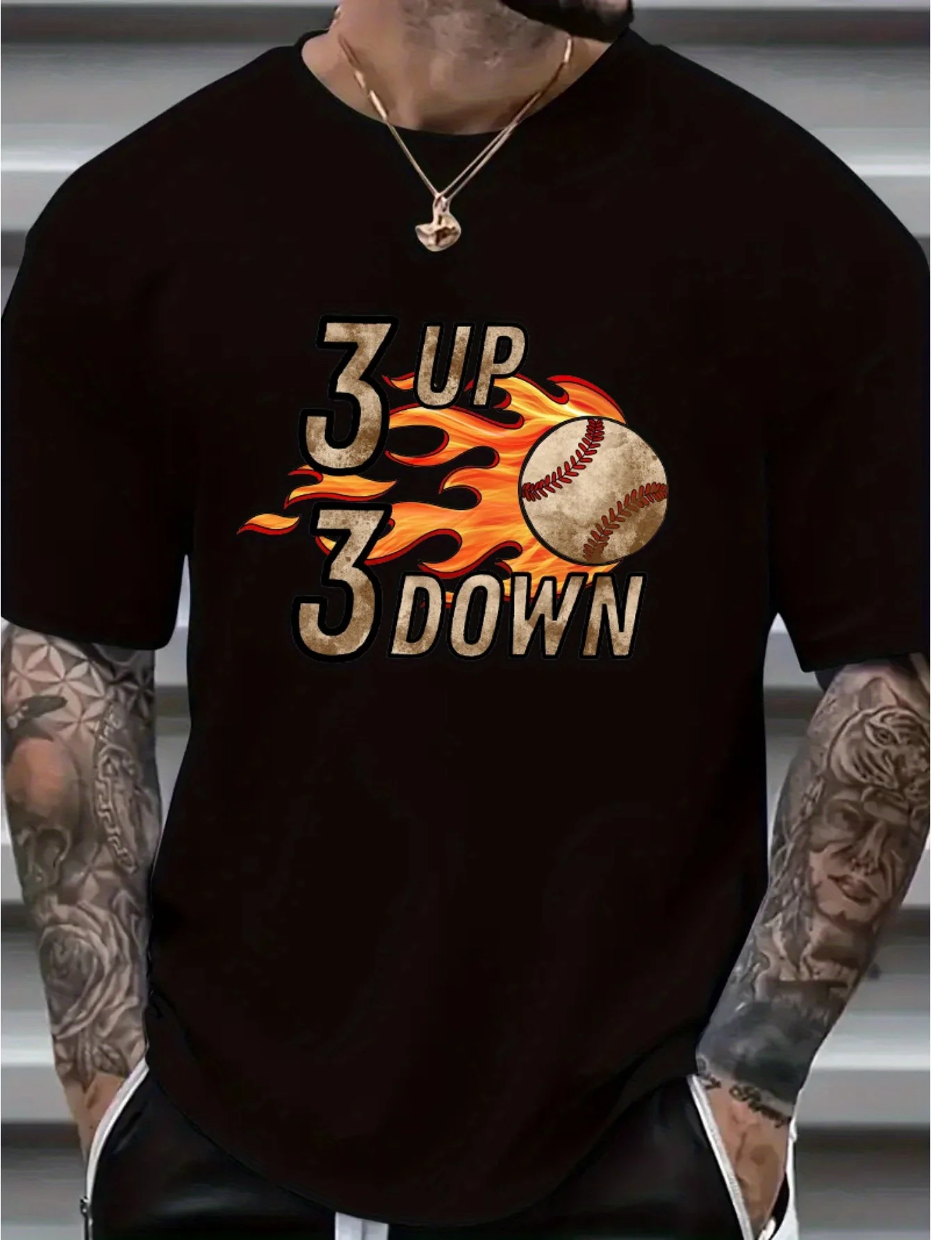 3 Up 3 Down Flame Baseball Graphic T-Shirt 100% Cotton O-Neck Short Sleeve Summer Casual Mens T-shirt Streetwear