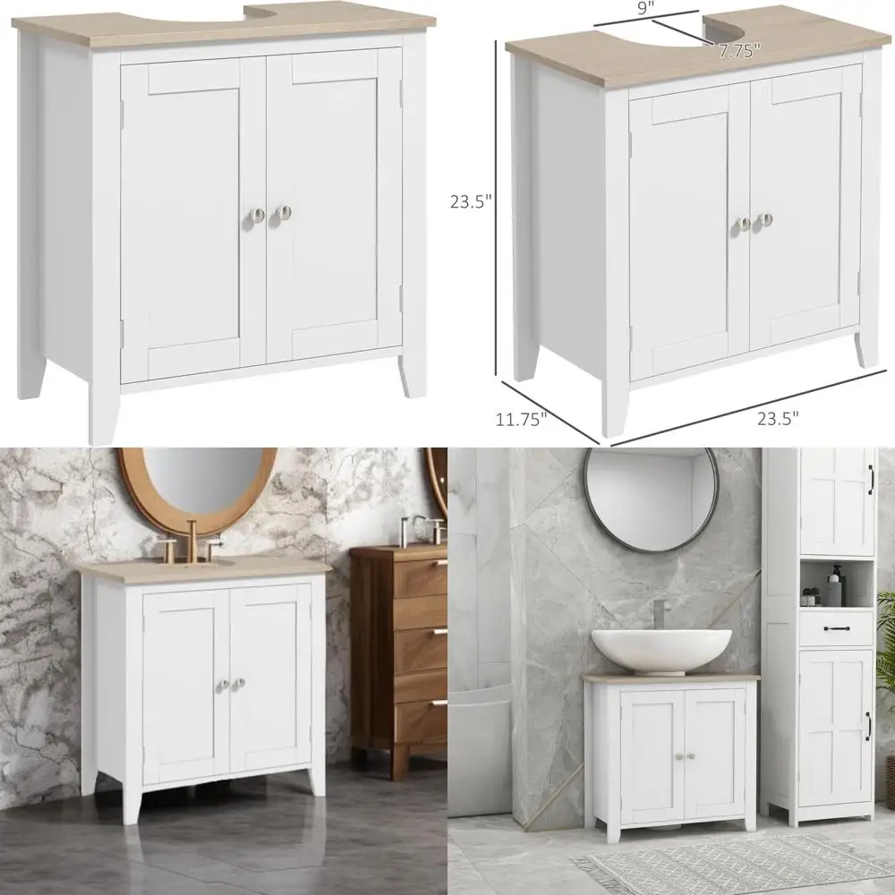 

white pedestal sink storage cabinet with u-shape and adjustable shelves