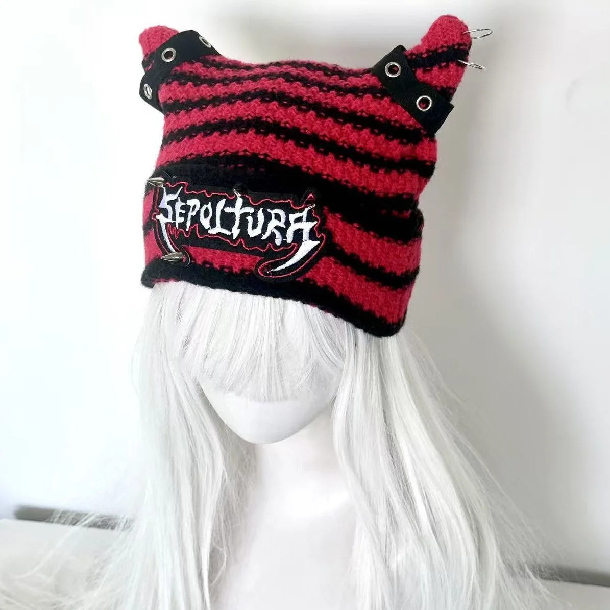 Y2K Girl Harajuku Gothic Black Red Stripes Lolita Knitted Hat Women Punk Designer Beanie Hat Spice Girl Streetwear Accessories