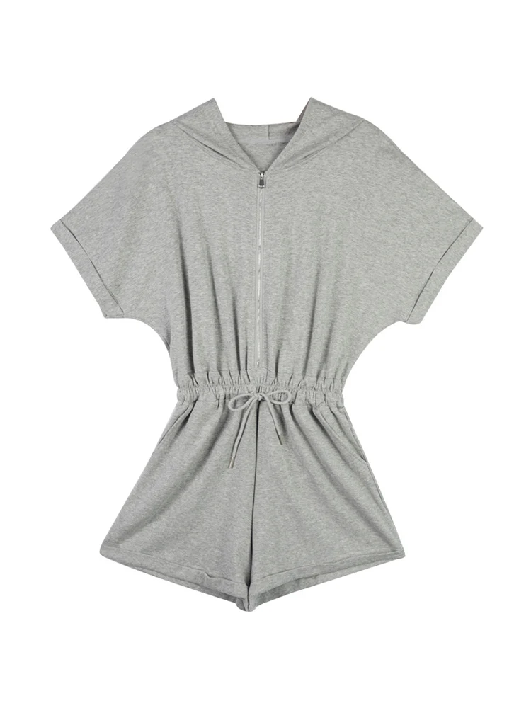 จั๊มสูทมีฮู้ดลำลองสำหรับผู้หญิง กางเกงเอวสูงทรงสลิมสำหรับฤดูร้อน สไตล์เกาหลี แฟชั่นลำลอง ชุดจั๊มสูทแบบชิ้นเดียว