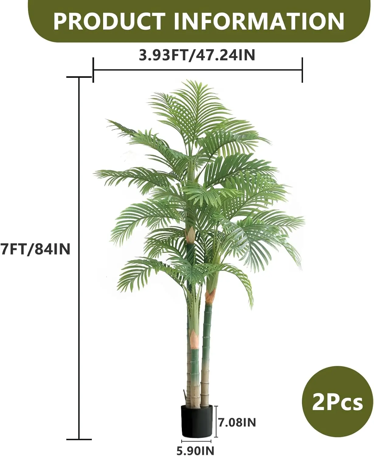 7FT Fake Palm Trees 2pcs, Artificial Golden Cane Palm Tree 84IN, Green Large Tropical Palm Fake Plant in Pot for Indoor Outdoor