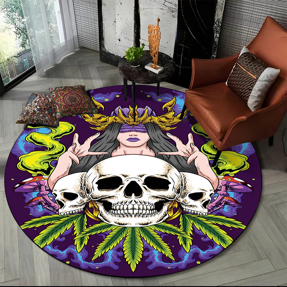 

3D Smoke Maple Weed Plants Green Death Skull Round Carpet Rug for Living Room Bedroom Kids Decor,Pet Area Rug Non-slip Floor Mat