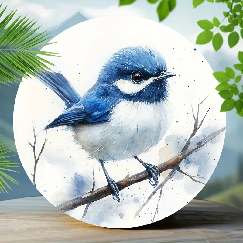 2D Watercolor Blue Wren Bird Round Metal Tin Sign 7.87x7.87 Inch Branch Ink Wash Iron Plaque Cottage Garden Wall Ornament