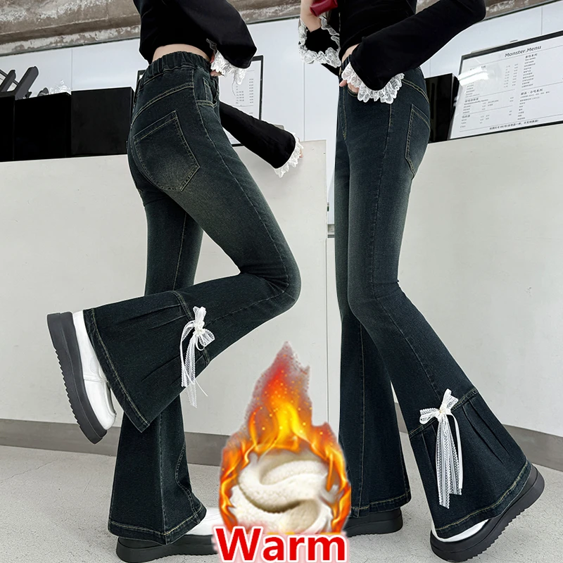 

Stylish Kids Winter Fleece Lined Flared Jeans With Bow for Girls Warm Trousers Teens Child Thick Thermal Boot Cut Denim Pants