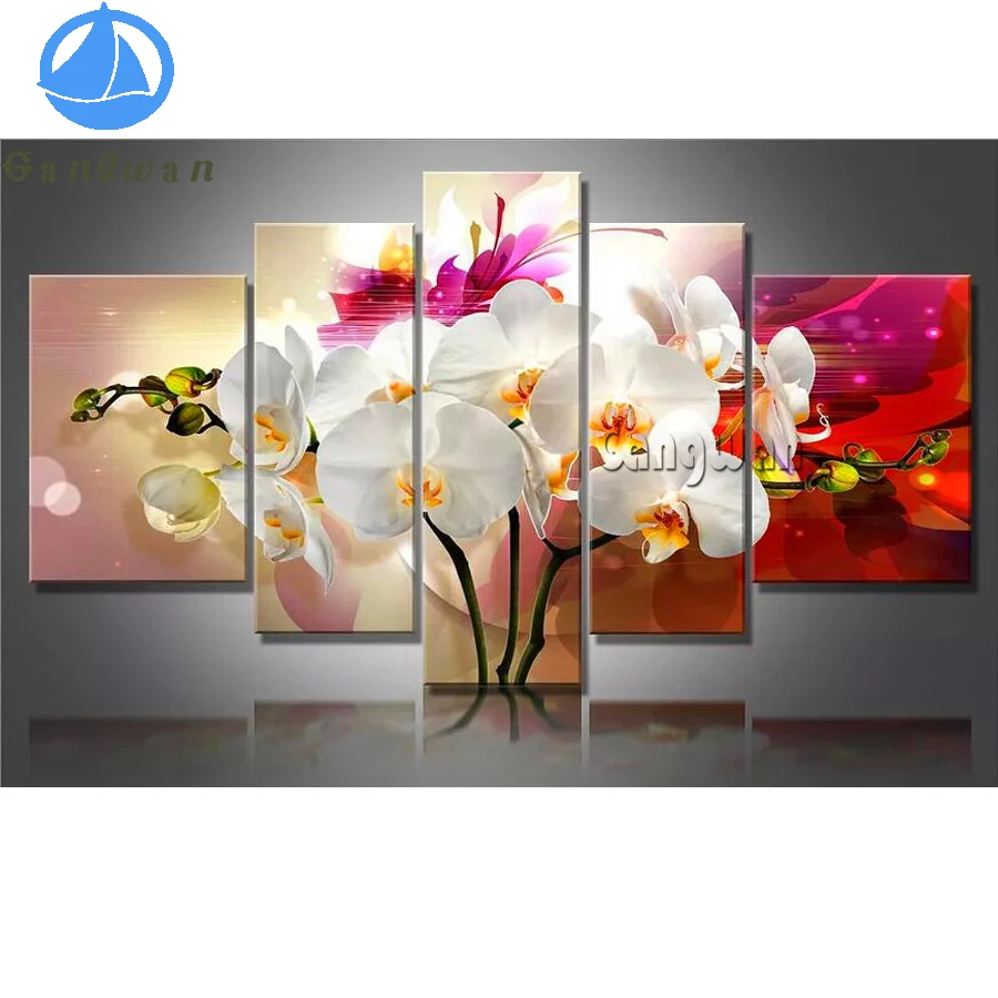 beautiful white orchid 5d Diy Diamond Painting Cross Stitch Full Square Round Mosaic Diamond Embroidery flower 5 pcs Wall art