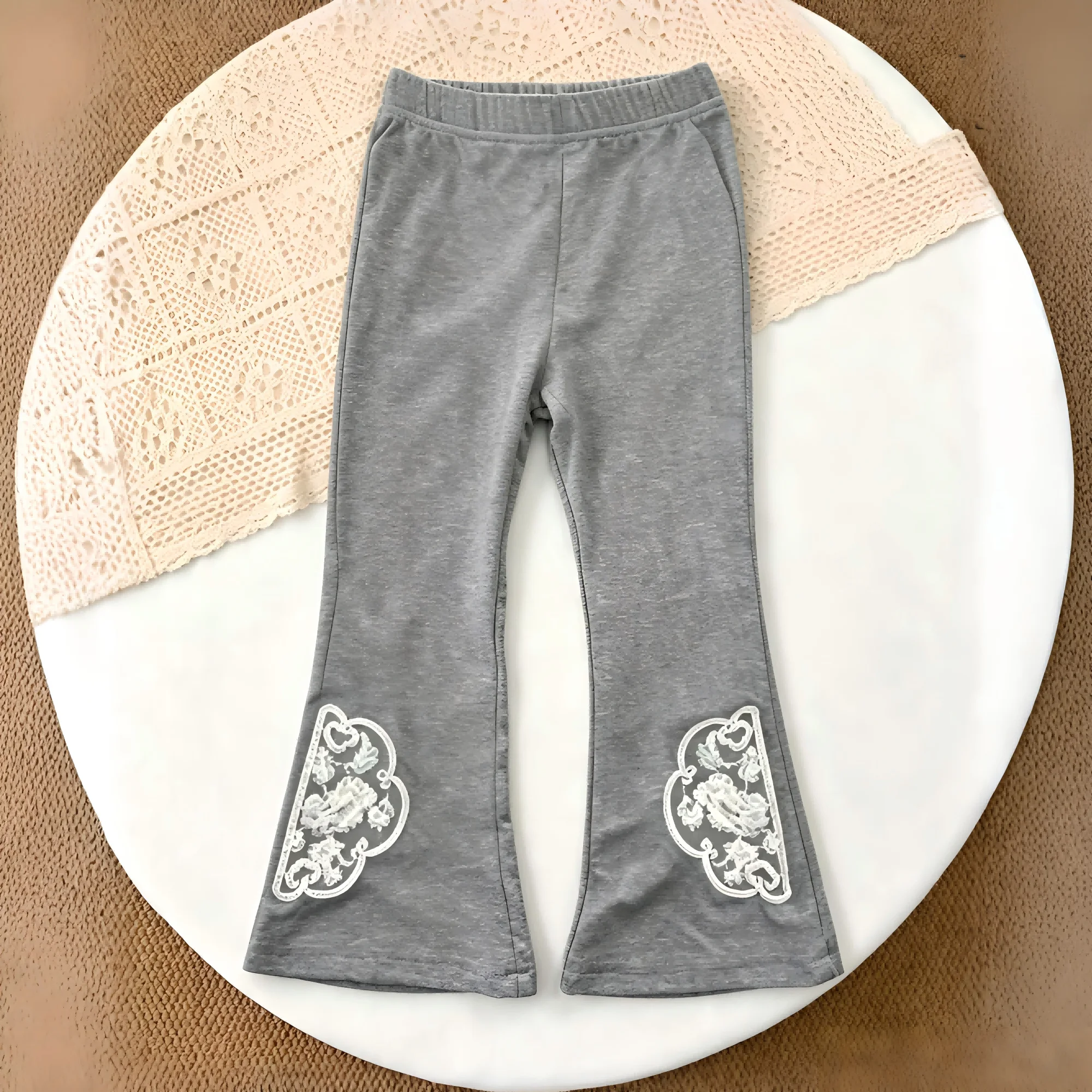 Girls' Bell Bottom Pants Solid Color Elastic Waist Embroidered Bell Bottom Pants 1-8 Years Girls' Fashionable Versatile Pants