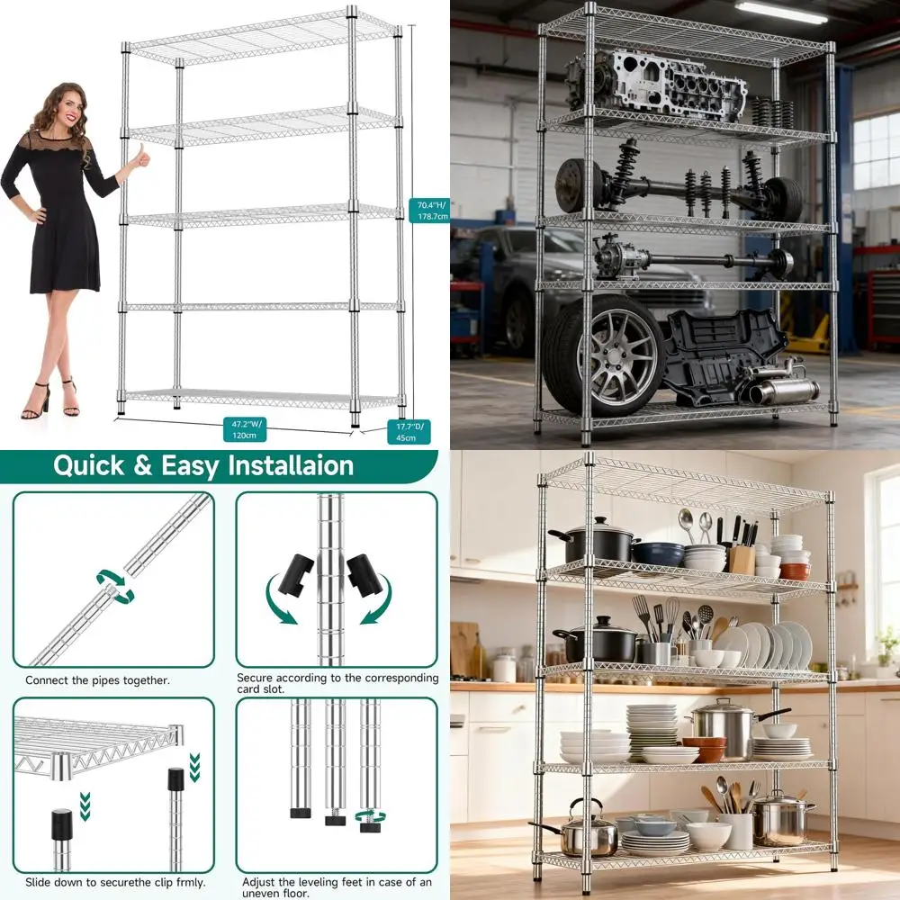 

5-ярусные стальные стеллажи для хранения грузов весом до 1750 фунтов, универсальный стеллаж для дома, кухни, офиса, гаража, хромированная отделка, 17.7x47.2x72.4