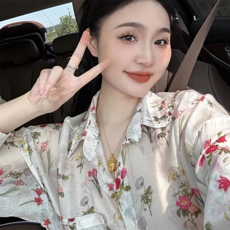 

Retro Floral Shirt Spring Summer New Style Slimming Thin Long Sleeve Sun Protection Top Women's Fashionable Neck Design