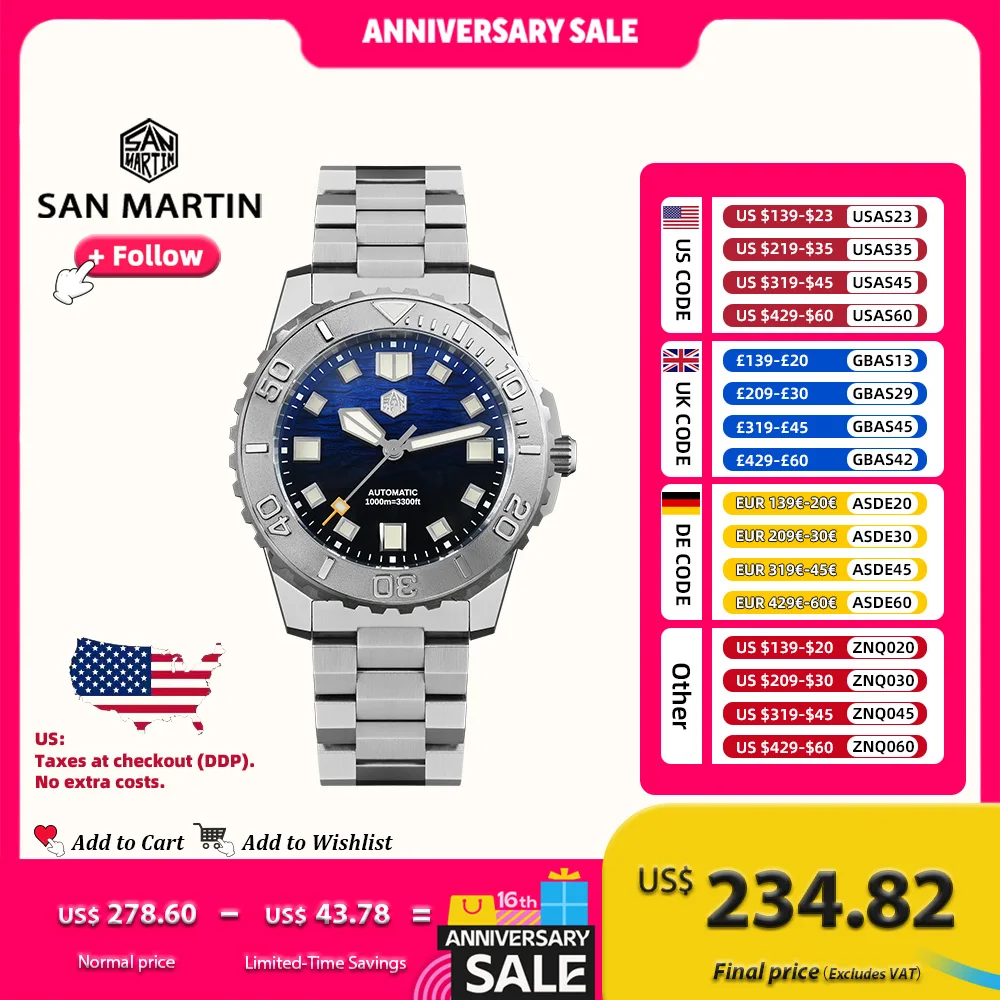 

San Martin 1000m Deep Waterproof 43mm Men Diver Watch with Helium Escape Valve NH35 Automatic Mechanical Wave Enamel Dial SN0147