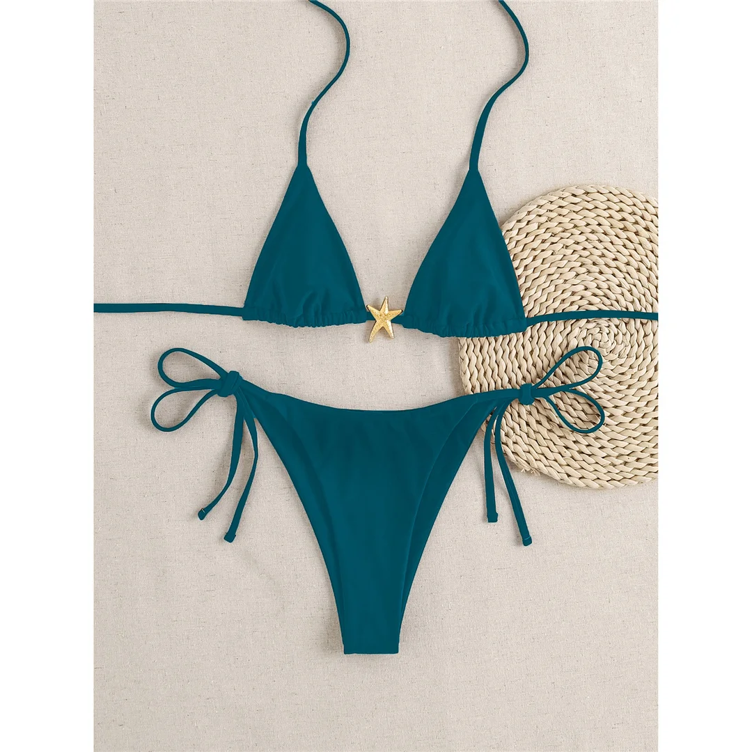 XS - L Metall-Stern-Halterneck-Bikini mit hohem Beinausschnitt, zweiteiliger Damen-Bikini, Badeanzug, Badebekleidung, Badeanzug, Schwimmbekleidung V6633 – Detail 11