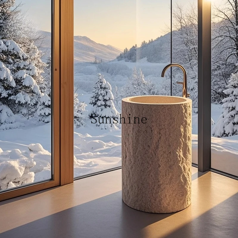 

Washing hand column basin of wabi-sandy wind beige travertine balcony courtyard outdoor homestay