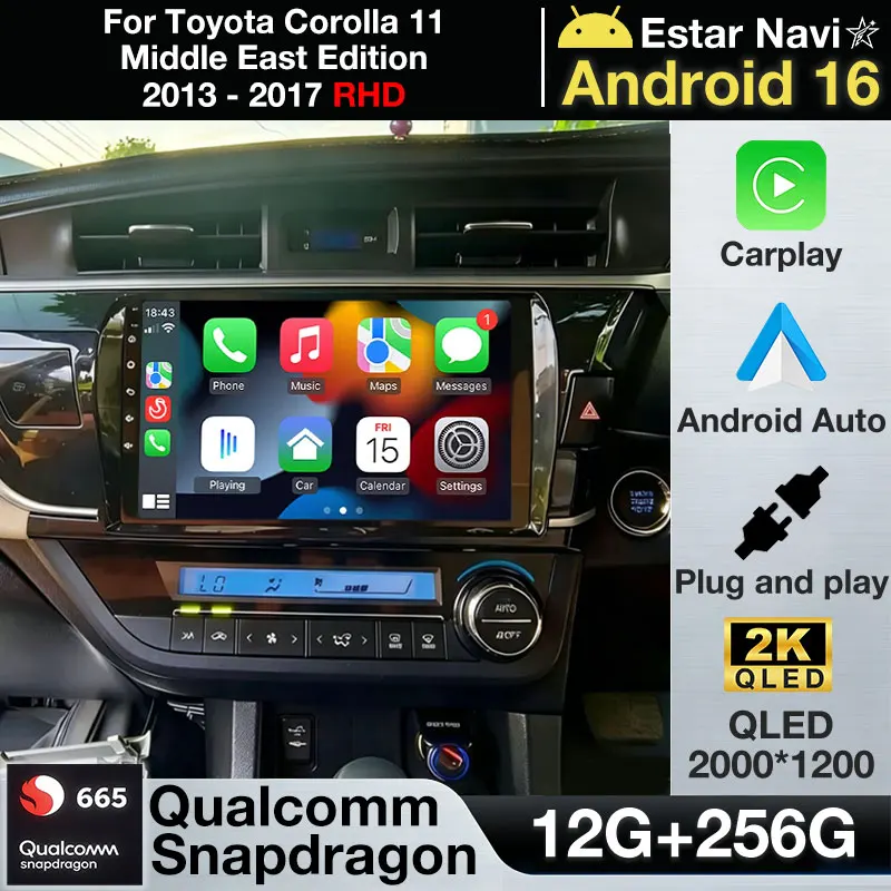 Android 16 Car Radio For Toyota Corolla 11 Middle East Edition 2013 - 2017 RHD Carplay Auto Multimedia Video Player 2Din Stereo