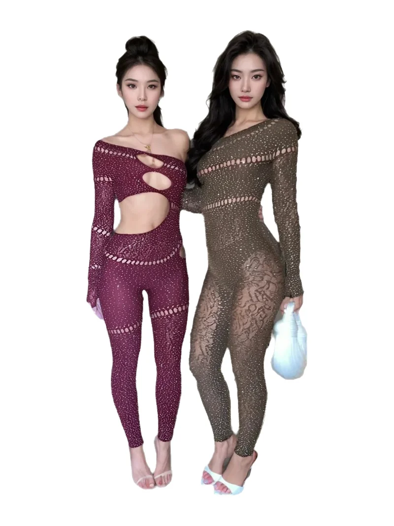 Hot Stamping Bodystocking Lingerie Sparkling crystal Jumpsuit Mesh Body Suits For Women Romper Jumpsuits Mesh Lace Sheer A4HM