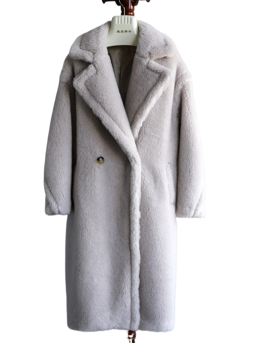 2025 European version imported alpaca wool fur coat mulberry silk teddy bear silhouette fur coat long