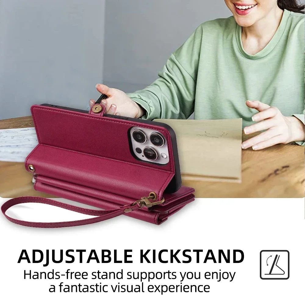 Reißverschluss PU-Leder Brieftasche Buchcover Handyhüllen für iPhone 16 16E 17 Air Pro Plus Max Flip Cover Multifunktionale Berging Bags – Detail 17