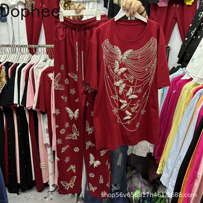 

2025 Новый осенний женский комплект из двух предметов с бусинами и бабочкой, свободная футболка с короткими рукавами, топ + широкие брюки с эластичной резинкой на талии