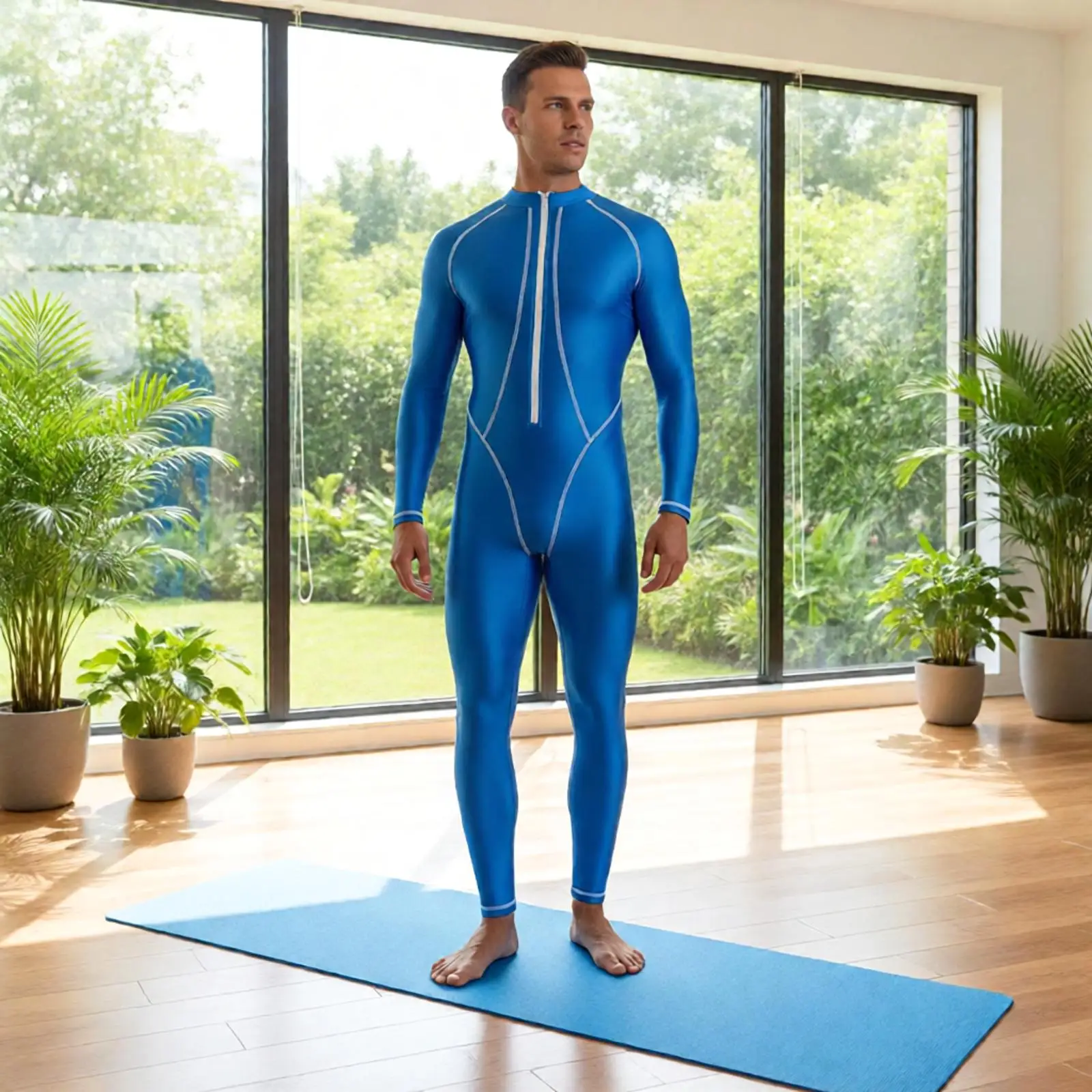 Men Oily Glossy Swimsuit Long Sleeve Full-body Coverage Rash Guard One-piece Surfing Suit Fitness Gym Workout Sports Diving Suit