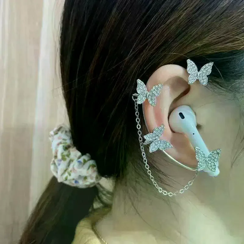 Rhinestone Butterfly Earphones Chain Anti Lost Ear Clip Earphones Ear Holder Perfect For Daily Wear Parties And Trips