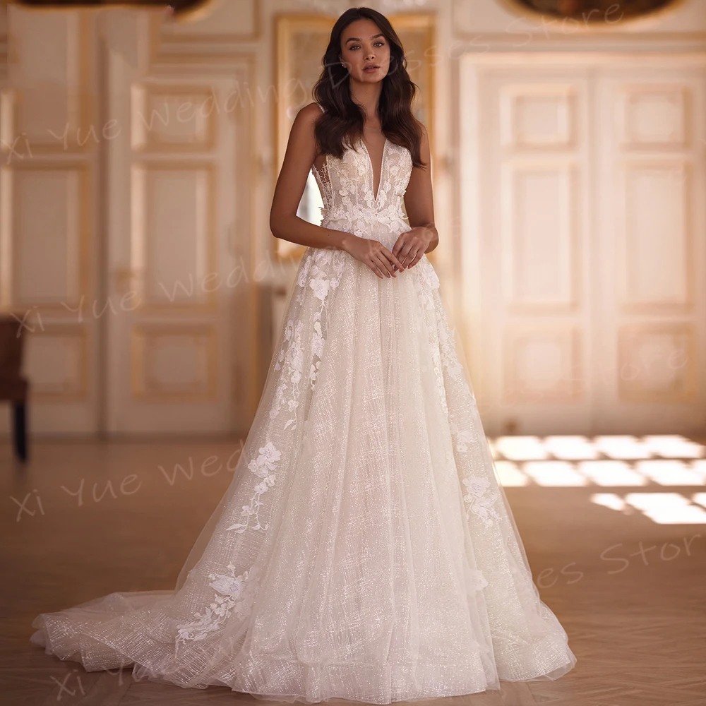 

Женское свадебное платье А-силуэта, классическое кружевное платье невесты с аппликацией и V-образным вырезом, без рукавов, с открытой спиной