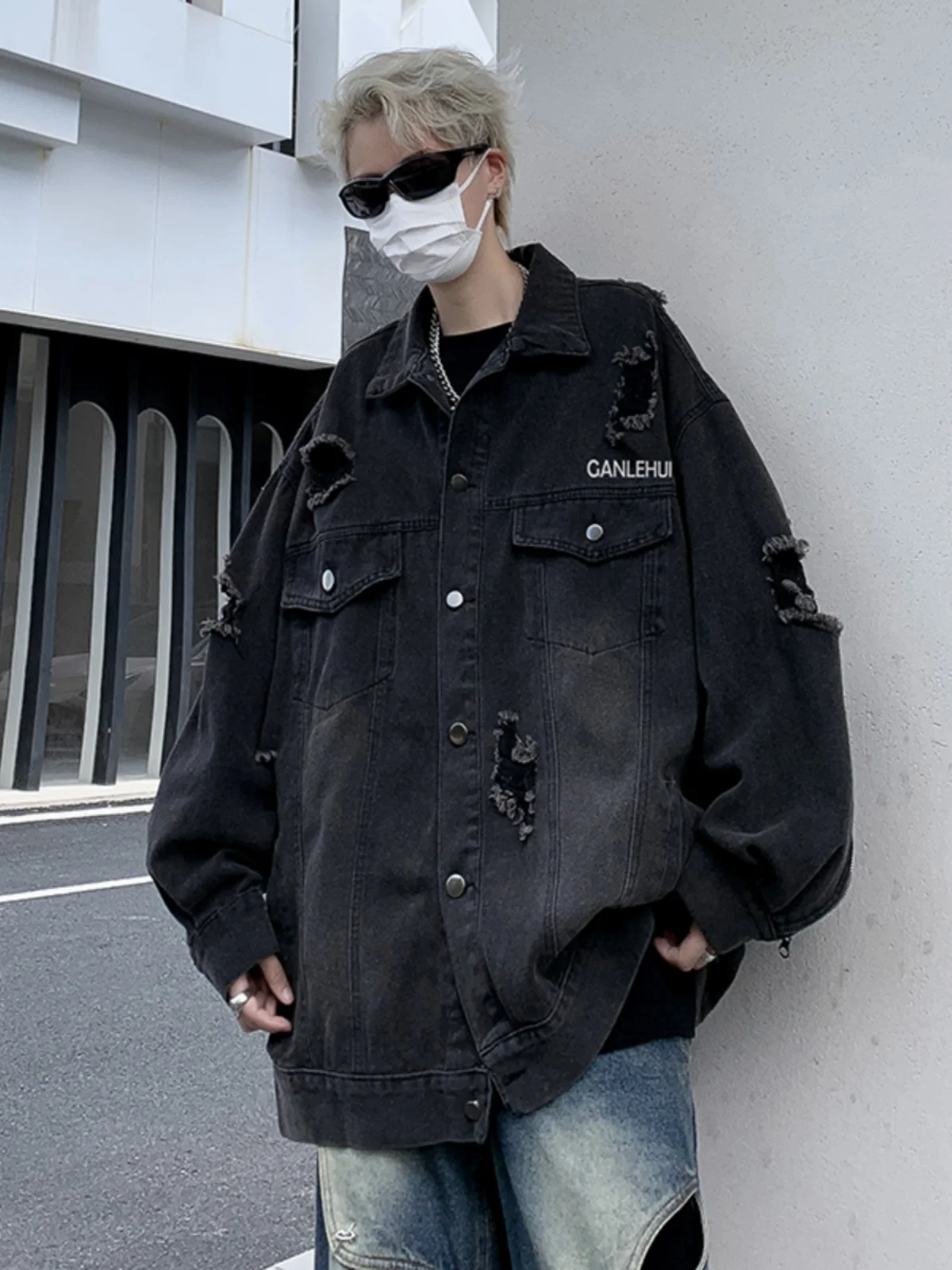 

Loose Fit Men's Denim Jaet High Street Sle Zipper Design Workwear Casual Coat Bla ey Tear Design Youth Faion