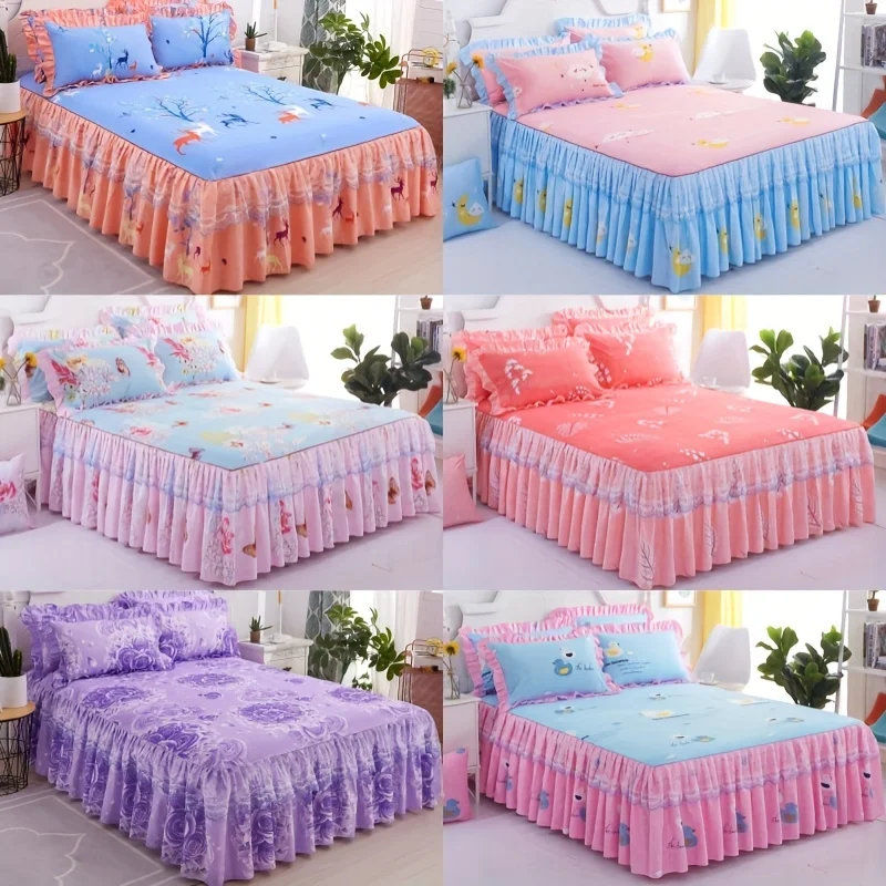 Elegant Floral Lace Macrame 3pcs Set  Comfortable Bed Skirt with Non-Slip Pillowcases, Easy-Care, Perfect for  Decor