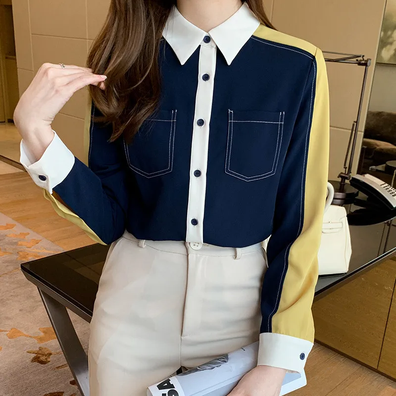 Autumn Elegant Color Matching Blouses Women 2023 New Korean Style Casual Vintage Shirts Simple Office Wear Work Tops