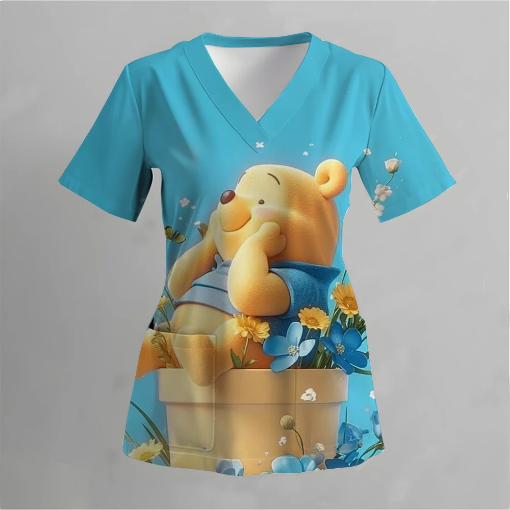 Disney Christmas Donald Duck Winnie the Pooh Printed Nurse Uniform Pocket Healthcare Scrubs Nurse Work Shirt Nursing Staff