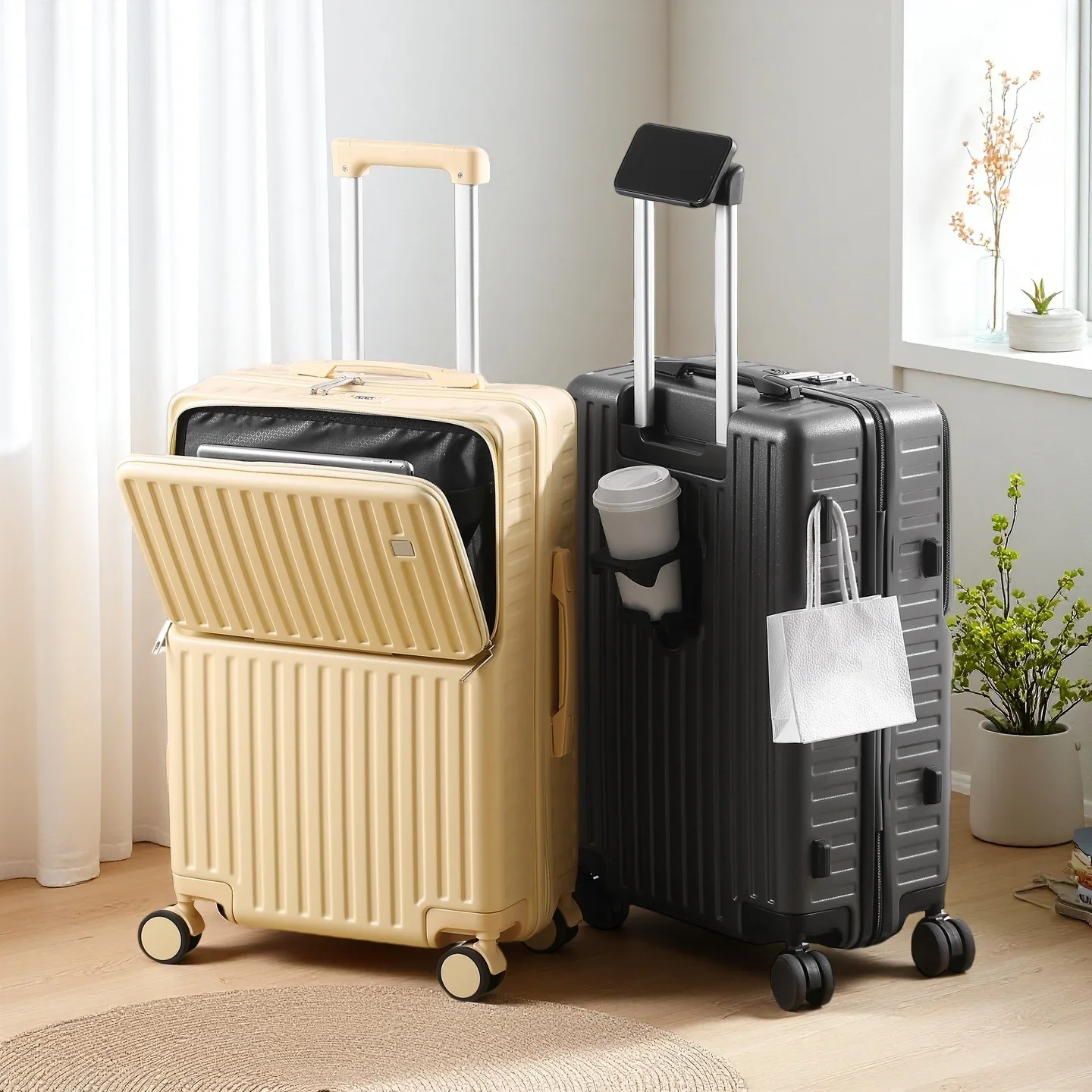 

Independent Front Open Luggage Multi-functional Suitcase ABS+PC Cup Holder And Hidden Phone Stand Smooth Universal Wheel 20" 24"