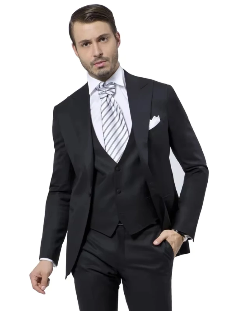 

3 Piece Slim Fit Black Men's Peak Lapel Blazer Single Breasted Button Coat Wedding Men Suits Business Dinner Casual Tuxedos