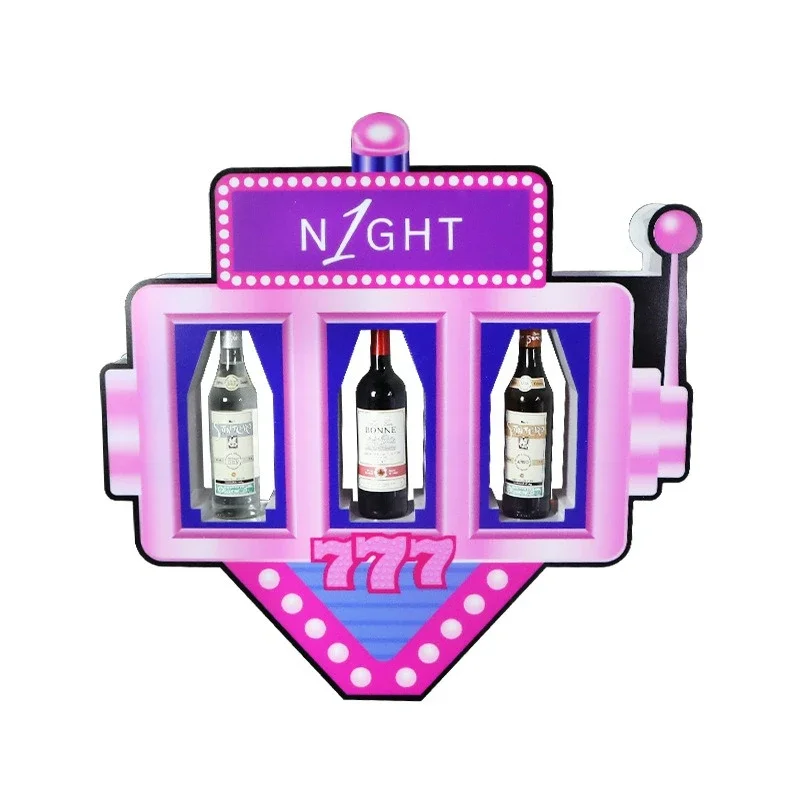The bar is illuminated, holding three signs, containing champagne, foreign wine, acrylic wine racks, wine shelves