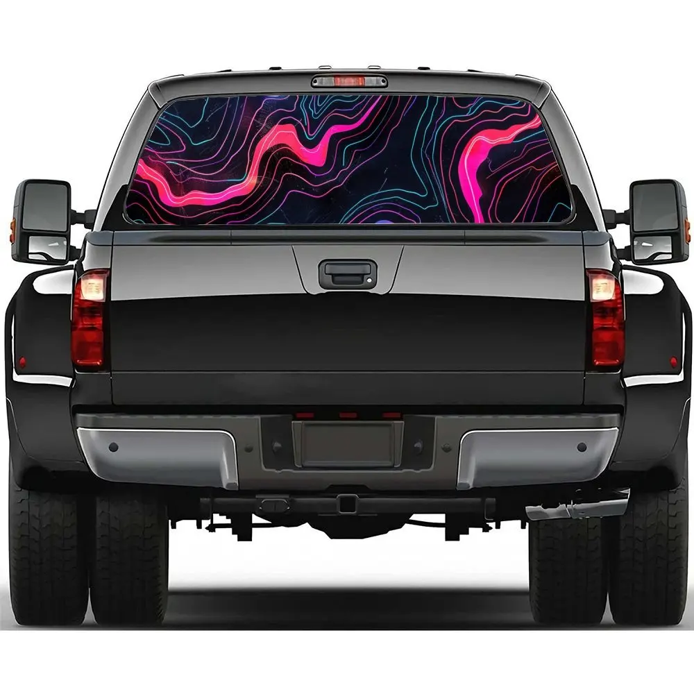 

Neon Colored Topographic Map Pattern Car Accessories Rear Windshield Sticker, Truck Window See Through Perforated Window Car Vin