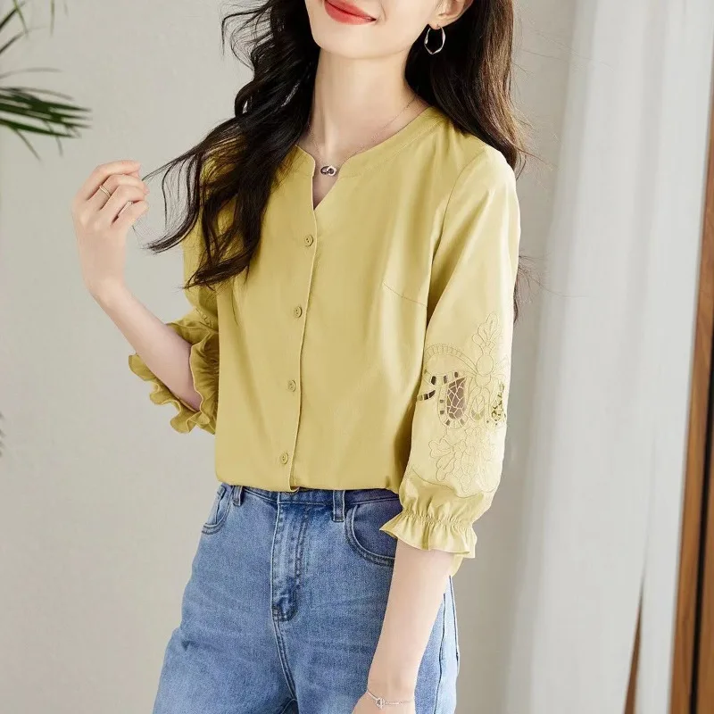 

New Summer Short-sleeved Chiffon Shirt Women's 2025 New Puff Sleeve Mid-sleeved Tops Seven-quarter Sleeve Shirt