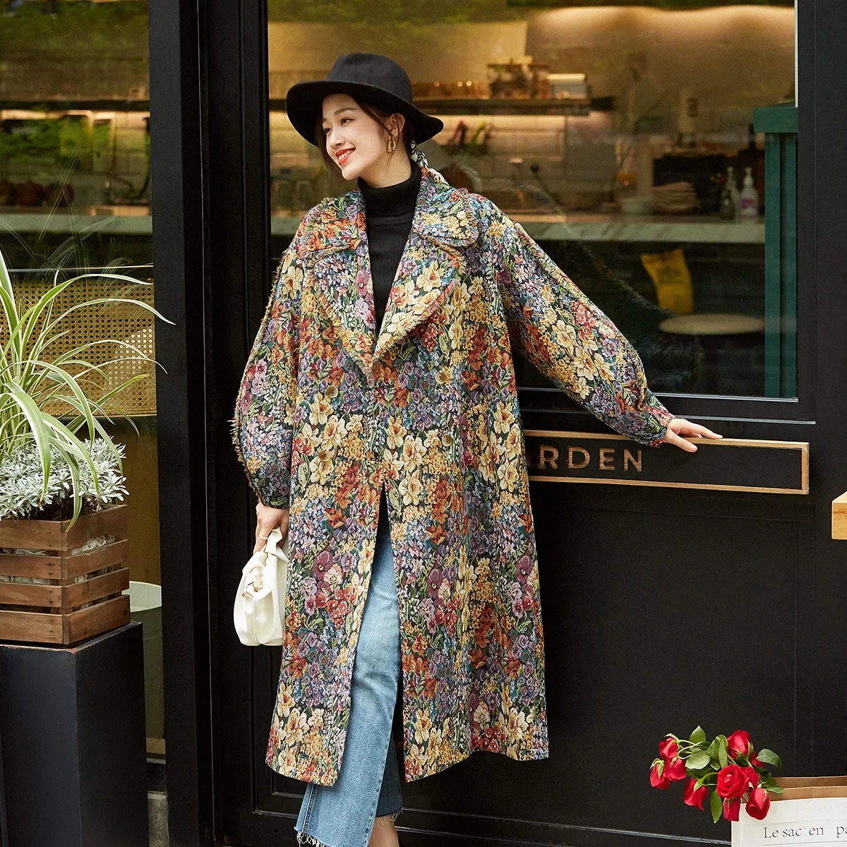 

Fashion Women Jacquard Coat Winter Double Breasted Long Coat Luxury Trench Jacket Oversized Overcoat Turn-down Collar