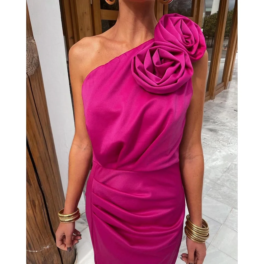 Een Schouder Rose Prom Jurken Mouwloze Enkel Lengte Plooi 3d Bloemen Avondjurk Casual Daily Specail Gelegenheid Vrouwen Jurk