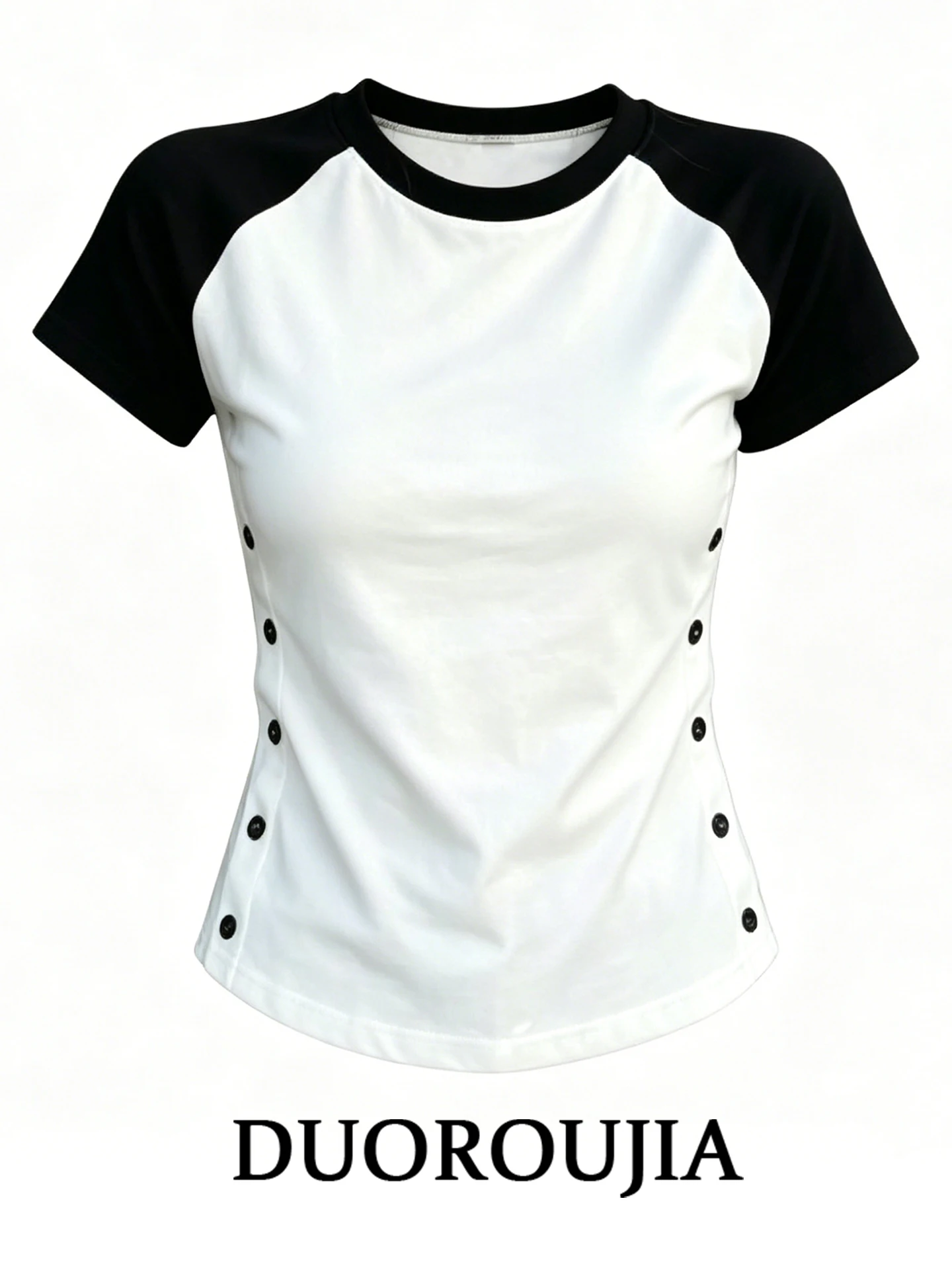 

Slimming Short Sleeve round Neck T-Shirt Women's Korean Style Decorative Button Large Size Summer Fashionable Top Trendy