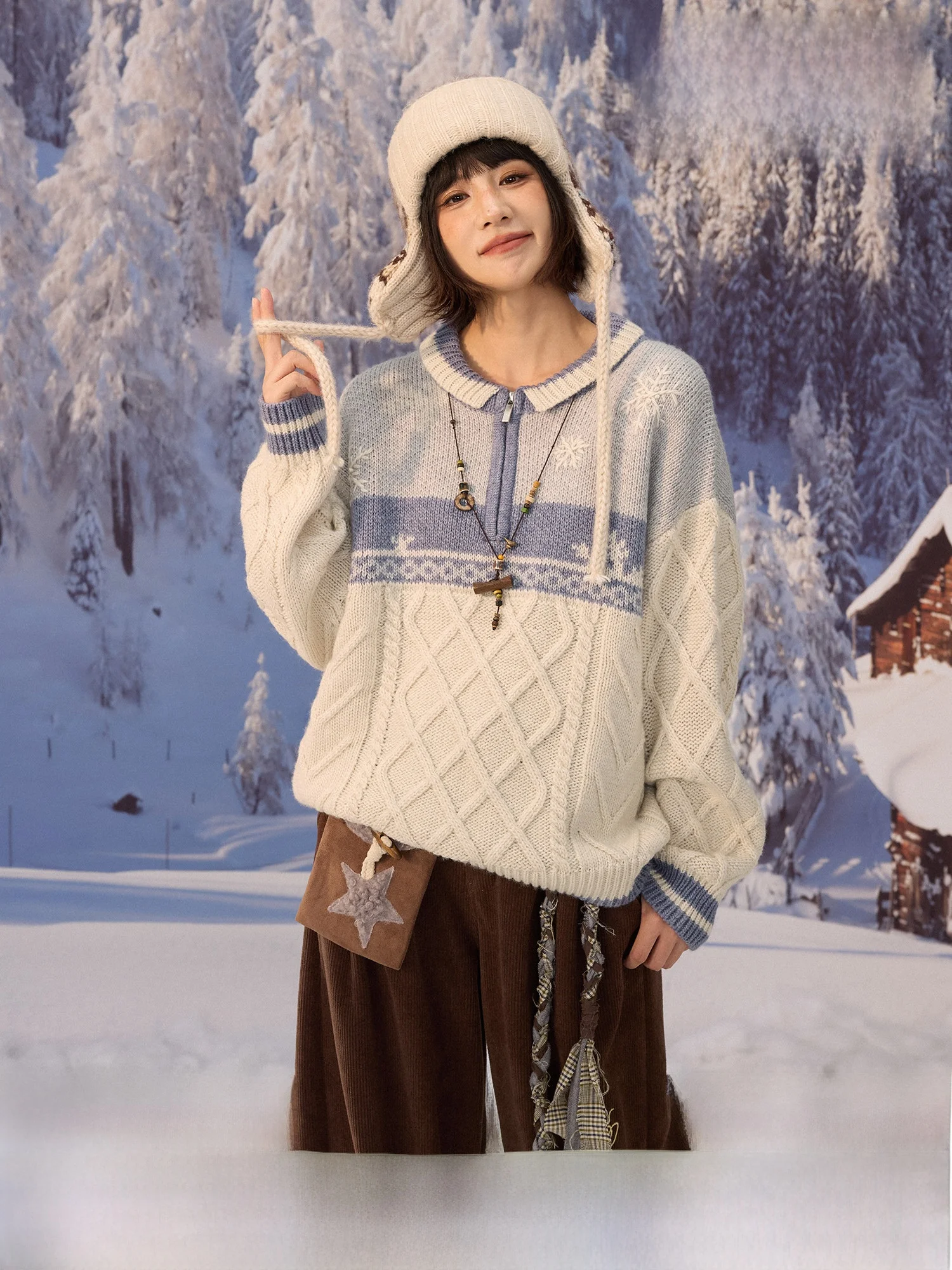 

Винтажный теплый свитер из шерстяной смеси с узором «снежинка», на молнии, с круглым вырезом, повседневный, с длинными рукавами, удобный крой