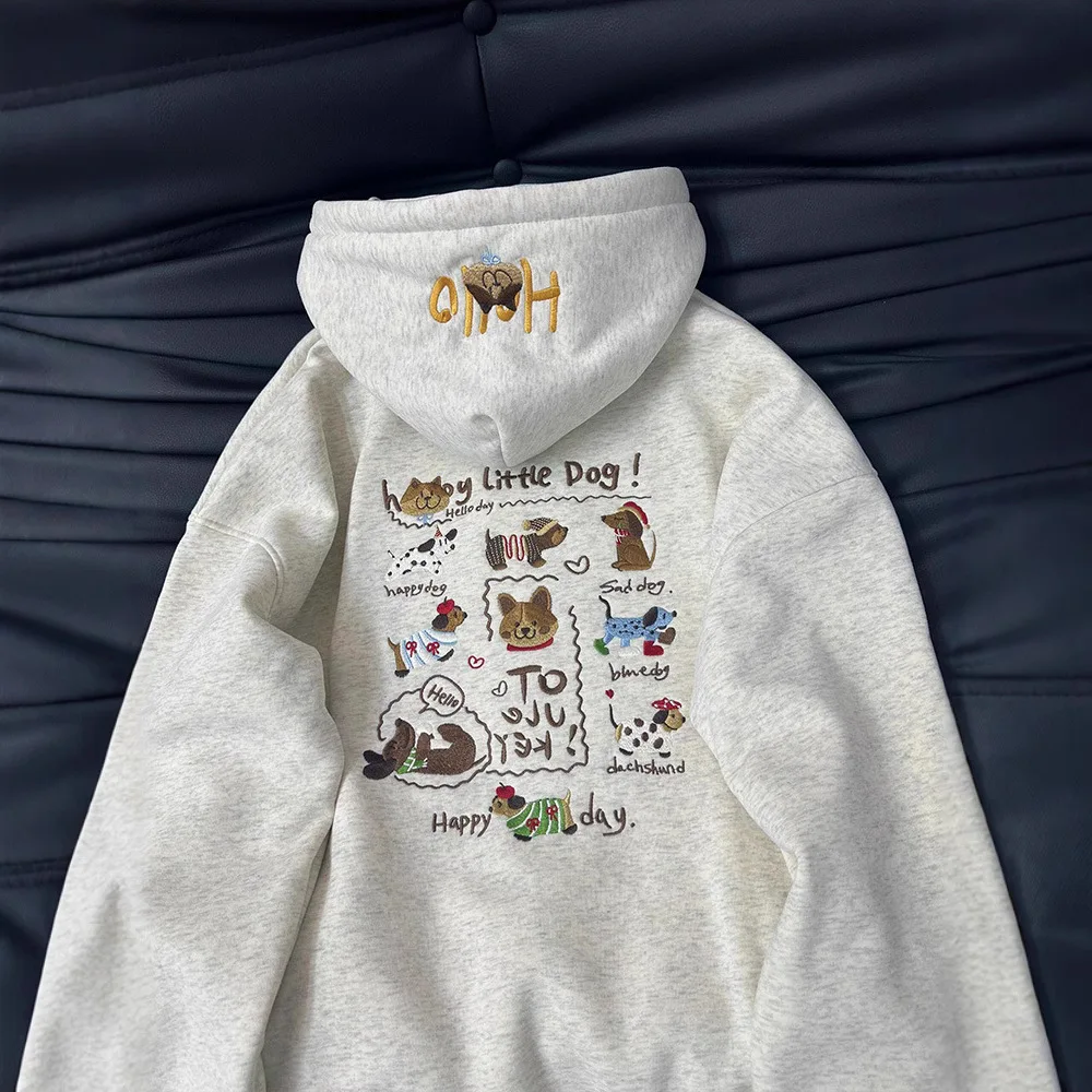 French cute dachshund puppy print hooded sweater women's autumn and winter plus velvet high sense niche casual loose coat