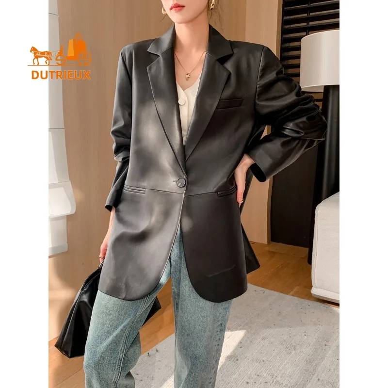 Nuovo abito da donna autunnale Giacca a vento di media lunghezza Silhouette Giacca in vera pelle, 100% vera pelle di pecora, cappotto letterario ed elegante