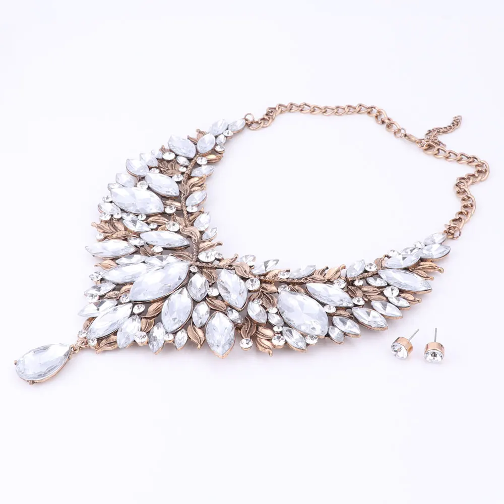 Retro Style Nigerian Wedding African Beads Jewelry Sets White Crystal Necklace Earrings Set Party Wedding Dubai Jewelry Set