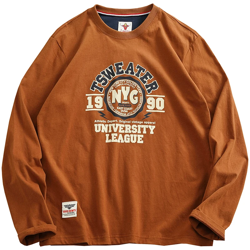 

Хлопковая футболка Long Sve, мужская весенне-осенняя винтажная футболка с американским принтом, круглая, с талией, повседневная, модная, городская, слэ