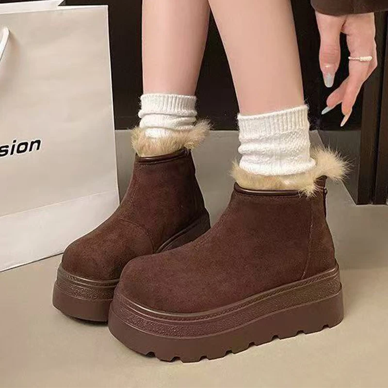

Fur Women's Boots Flats Platform Warm Cotton Shoes 2025 Suede Casual Winter Ankle Boots New Short Plush Cozy Woman Snow Botas