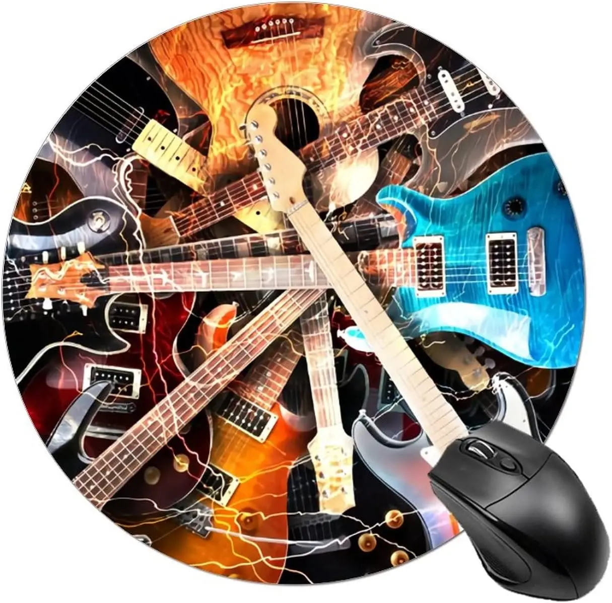 Electric Guitar Surround with Flame and Water Non Slip Rubber Round Mouse Mat for Desk Laptop Gaming Office Working7.8x7.8 Inch